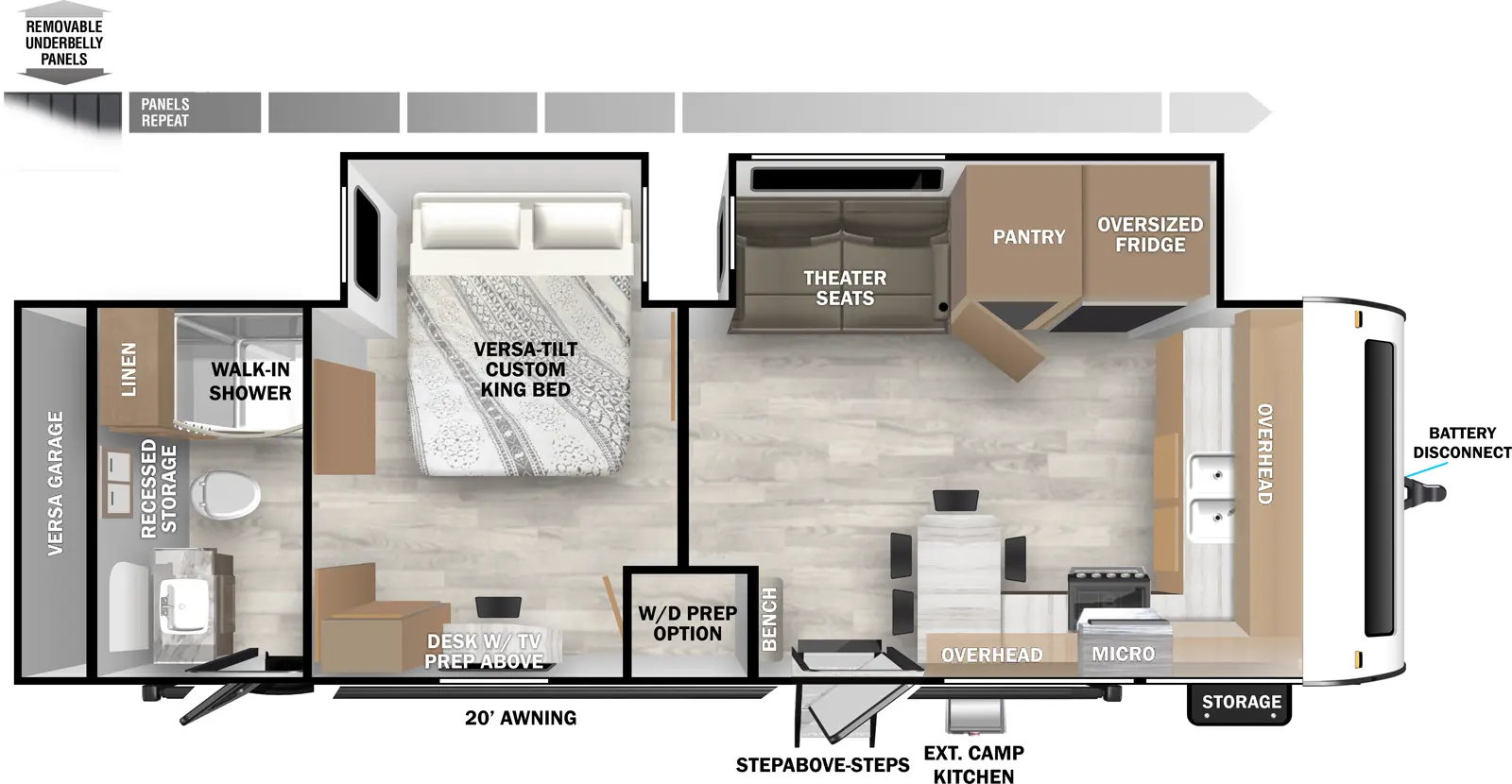 The Salem 28FKG floorplan has two entries and two slide outs. Exterior features include: fiberglass exterior, 20' awning and outside kitchen. Interiors features include: front kitchen and rear bathroom.